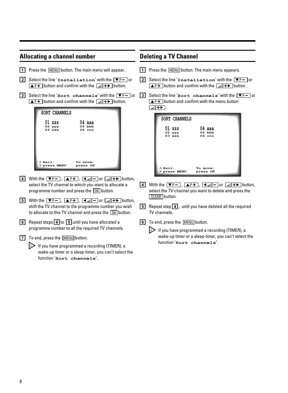 Allocating a channel number, Deleting a tv channel | Philips 21PV330/07 User Manual | Page 10 / 28