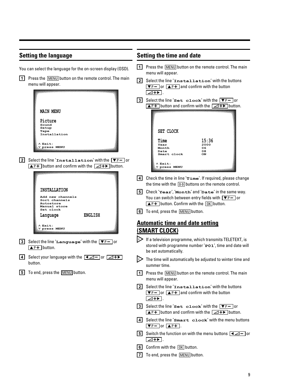 Setting the language, Setting the time and date, Automatic time and date setting (smart clock) | Philips 21PV330/07 User Manual | Page 11 / 28