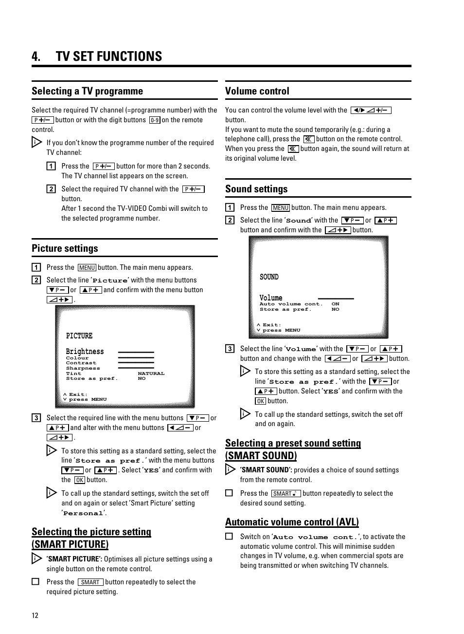 Tv set functions, Selecting a tv programme, Selecting the picture setting (smart picture) | Selecting a preset sound setting (smart sound), Automatic volume control (avl), Picture settings, Volume control, Sound settings | Philips 21PV330/07 User Manual | Page 14 / 28