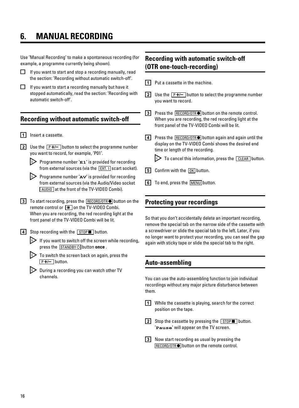 Manual recording, Recording without automatic switch-off, Protecting your recordings | Auto-assembling | Philips 21PV330/07 User Manual | Page 18 / 28