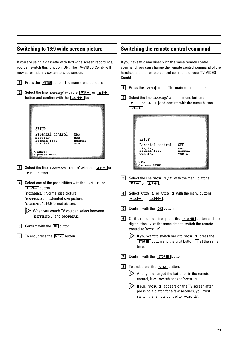 Switching to 16:9 wide screen picture, Switching the remote control command | Philips 21PV330/07 User Manual | Page 25 / 28