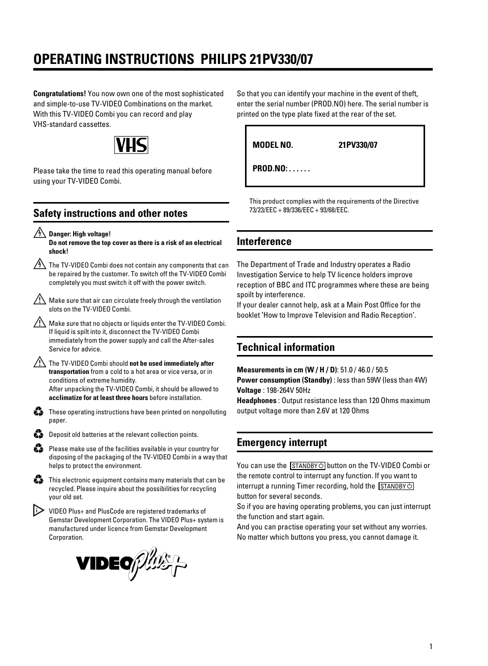 Interference, Technical information, Emergency interrupt | Philips 21PV330/07 User Manual | Page 4 / 28