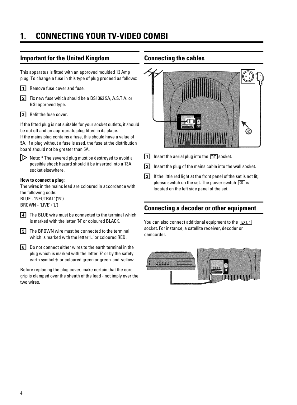 Connecting your tv-video combi, Connecting the cables, Connecting a decoder or other equipment | Important for the united kingdom | Philips 21PV330/07 User Manual | Page 6 / 28