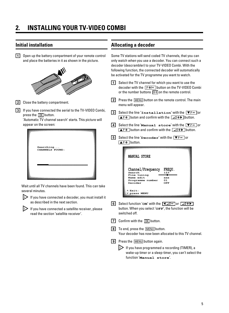 Installing your tv-video combi, Initial installation, Allocating a decoder | Philips 21PV330/07 User Manual | Page 7 / 28