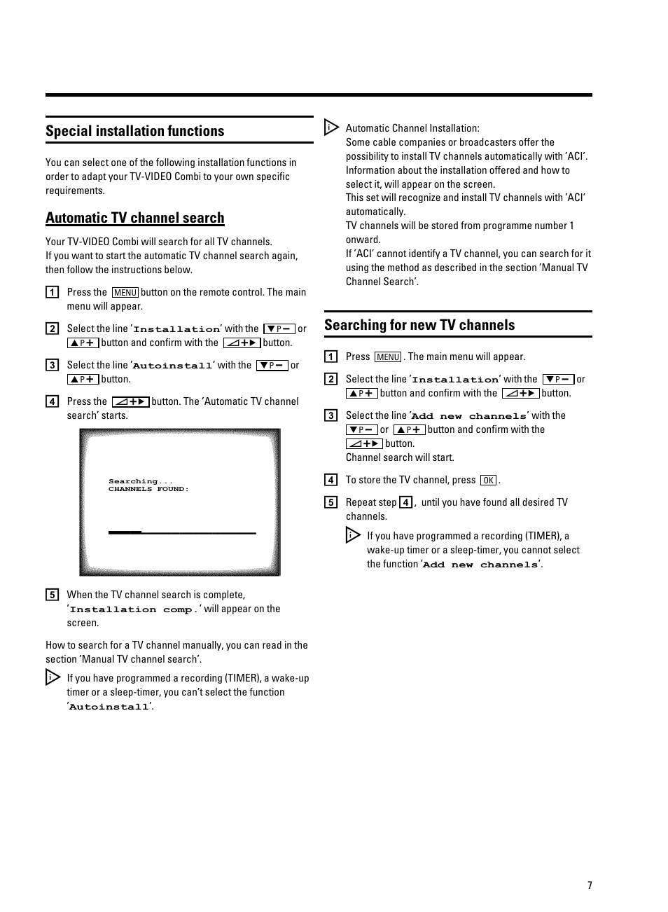 Special installation functions, Automatic tv channel search, Searching for new tv channels | Philips 21PV330/07 User Manual | Page 9 / 28