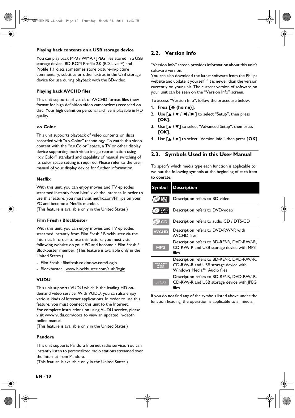Version info, Symbols used in this user manual | Philips BDP5506/F7 User Manual | Page 10 / 68