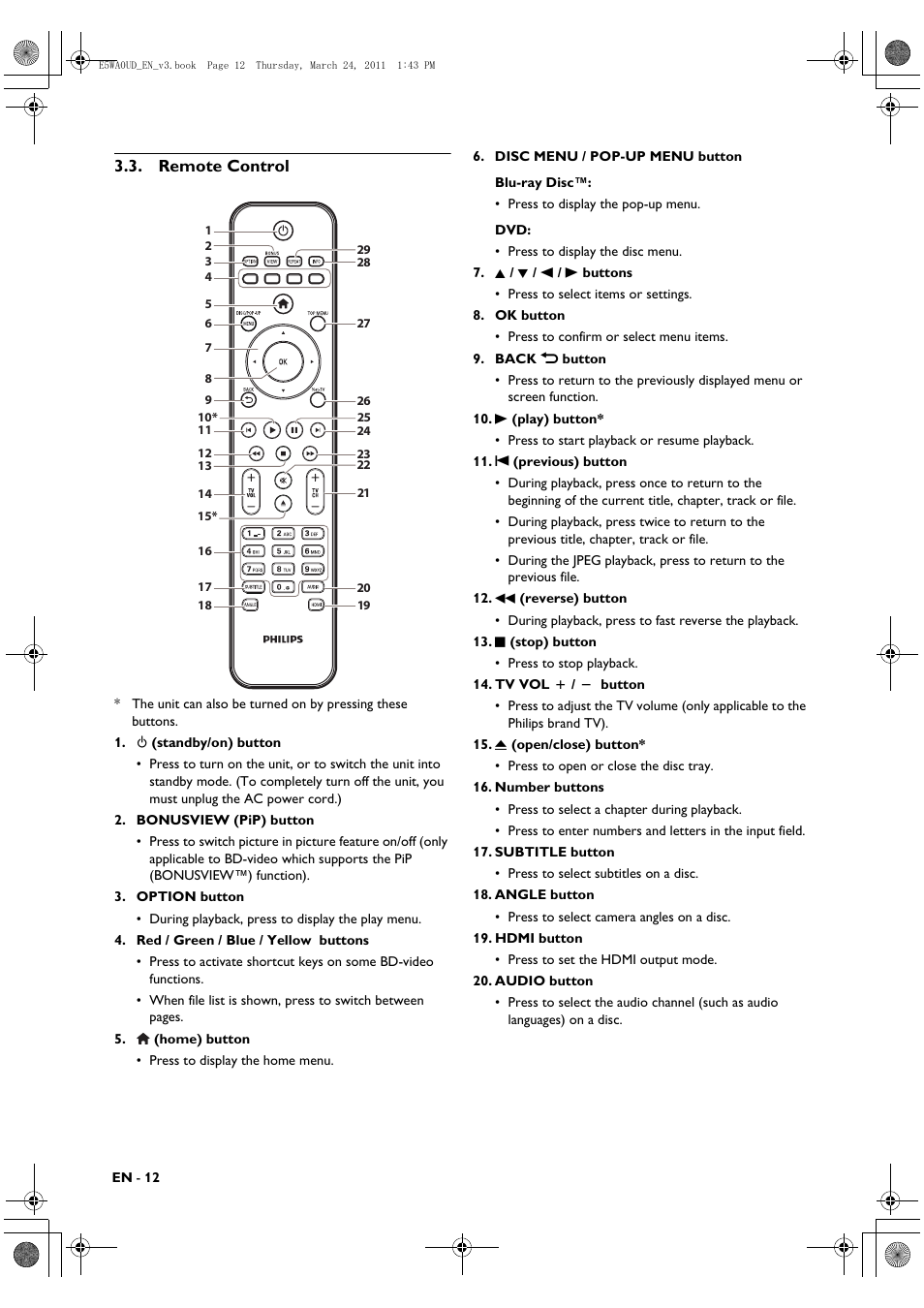 Remote control | Philips BDP5506/F7 User Manual | Page 12 / 68