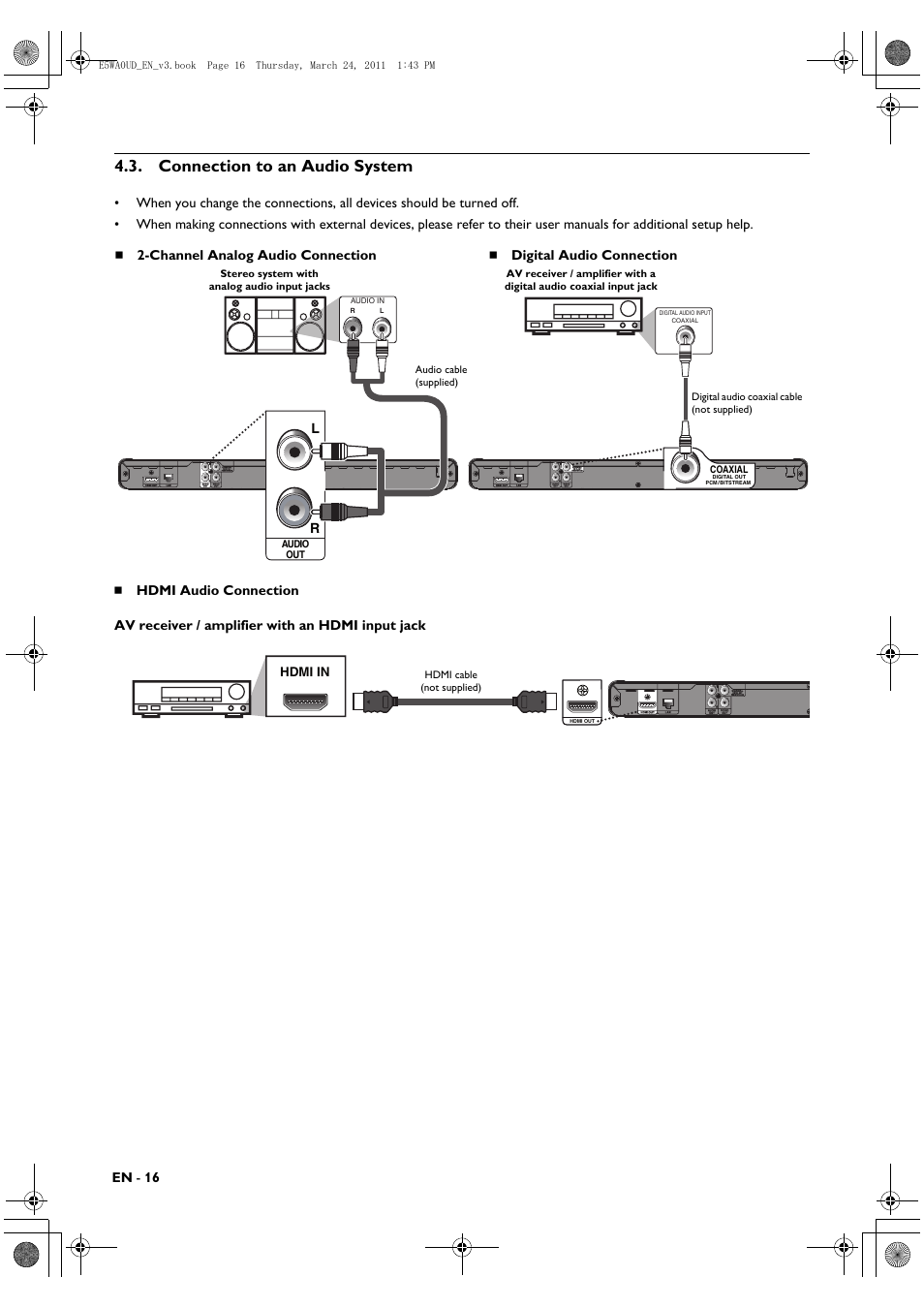 Connection to an audio system | Philips BDP5506/F7 User Manual | Page 16 / 68