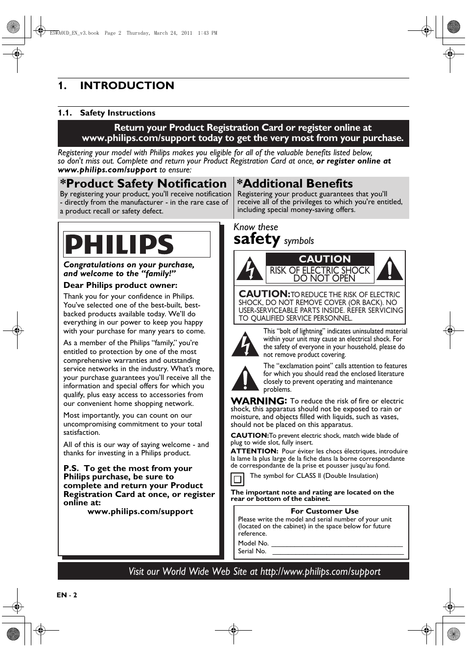 Introduction, Safety instructions, Safety | Product safety notification *additional benefits, Caution, Caution risk of electric shock do not open | Philips BDP5506/F7 User Manual | Page 2 / 68