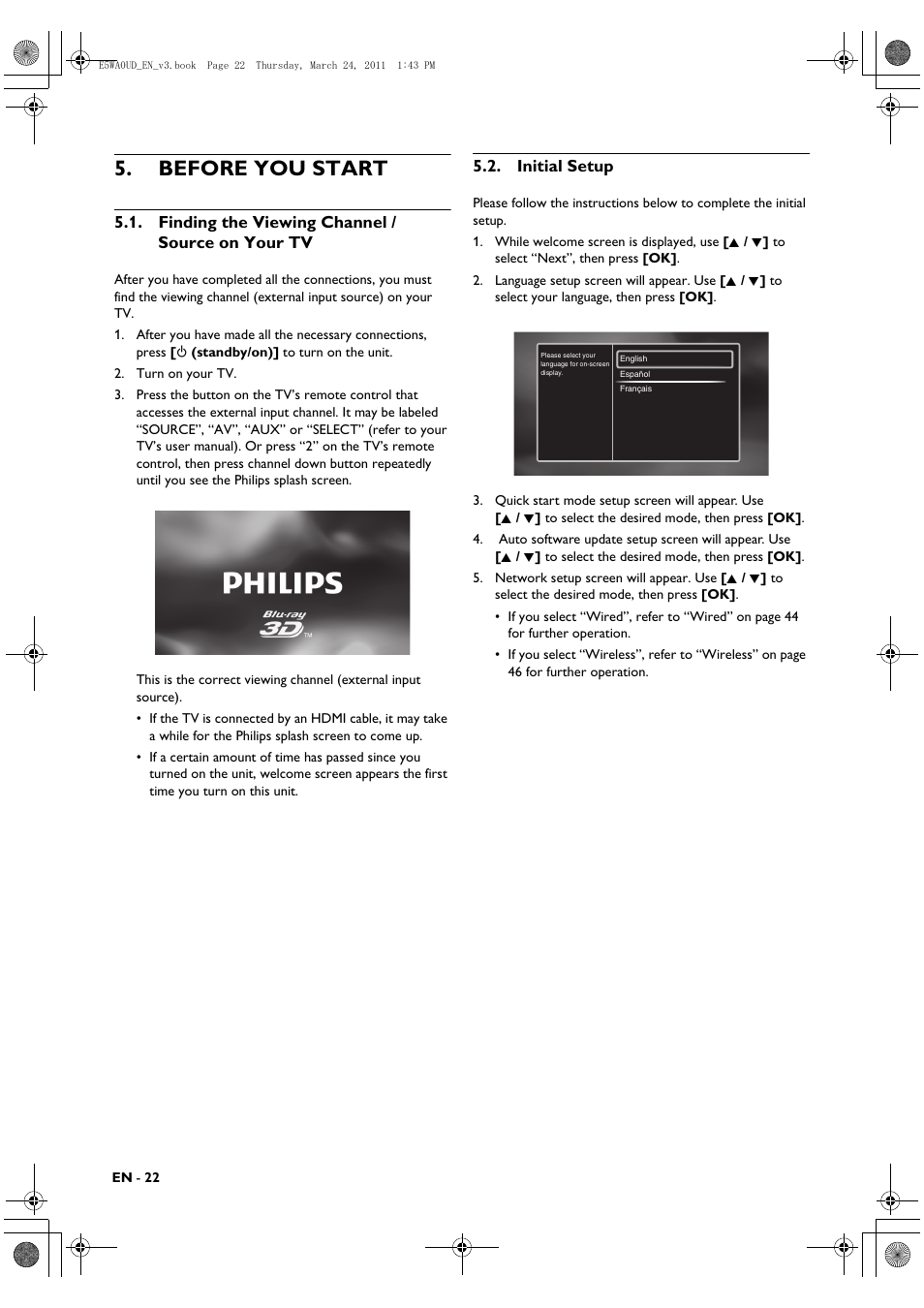 Before you start, Finding the viewing channel / source on your tv, Initial setup | Finding the viewing channel / source on, Your tv | Philips BDP5506/F7 User Manual | Page 22 / 68