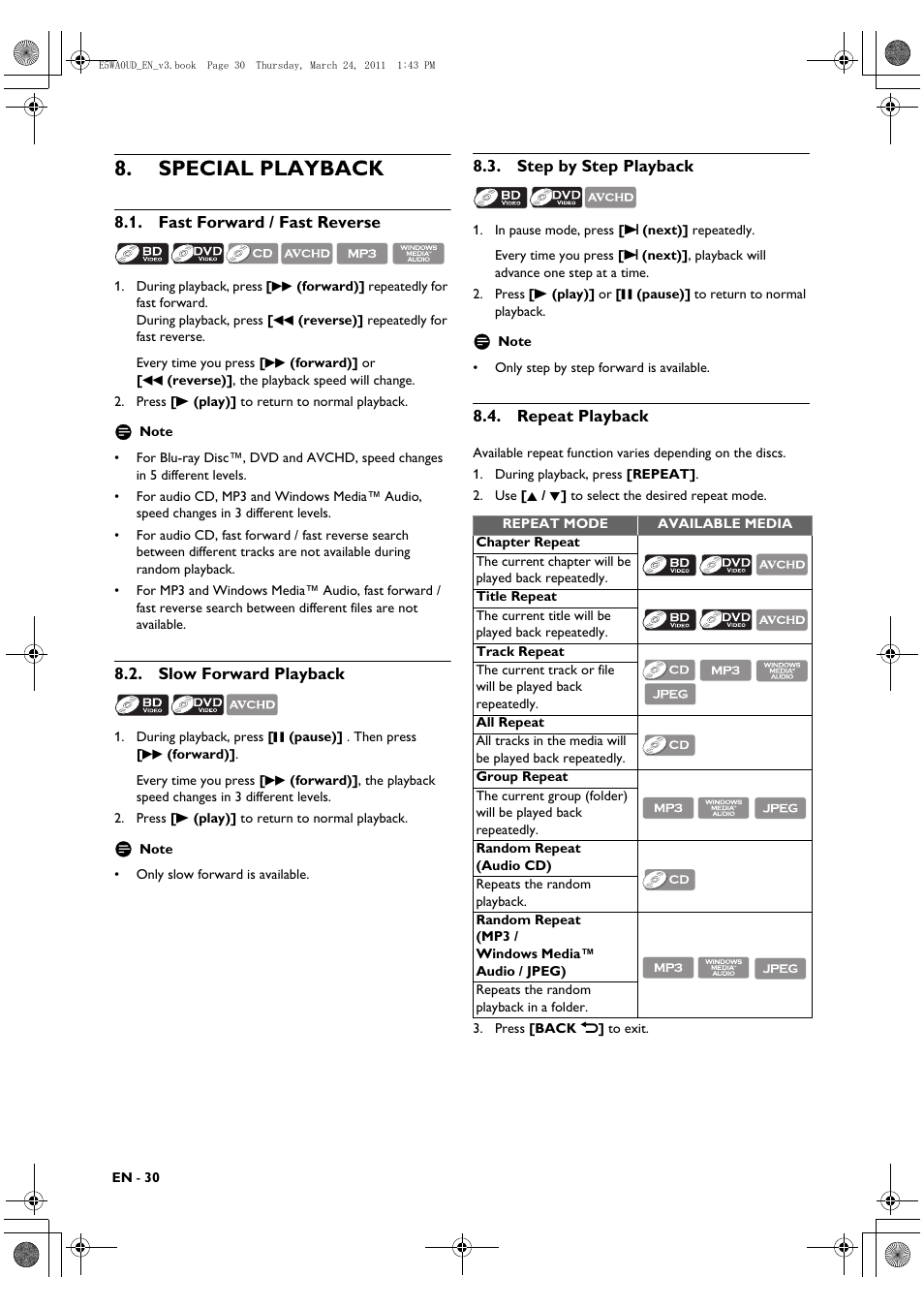 Special playback, Fast forward / fast reverse, Slow forward playback | Step by step playback, Repeat playback | Philips BDP5506/F7 User Manual | Page 30 / 68