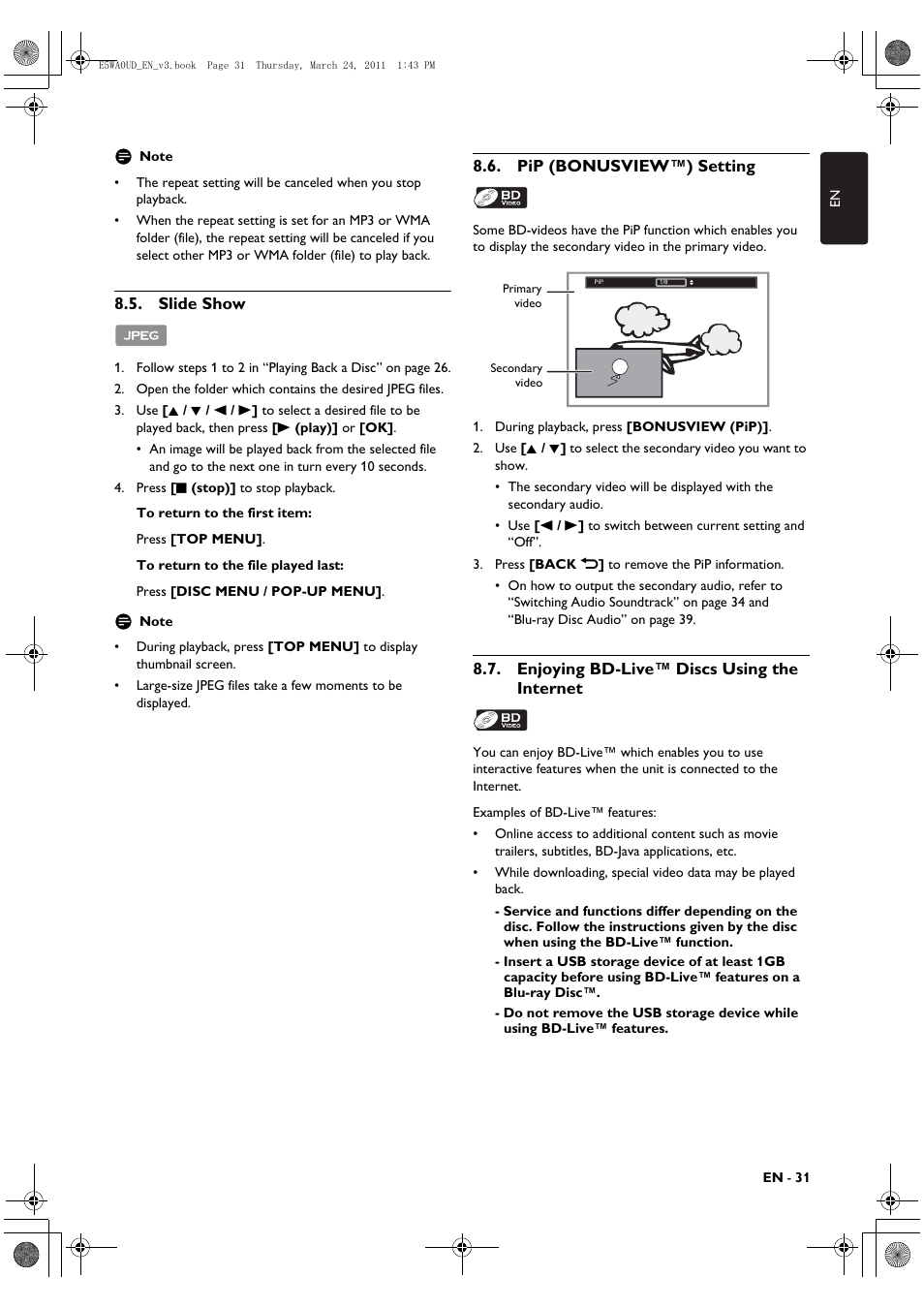 Slide show, Pip (bonusview™) setting, Enjoying bd-live™ discs using the internet | Philips BDP5506/F7 User Manual | Page 31 / 68