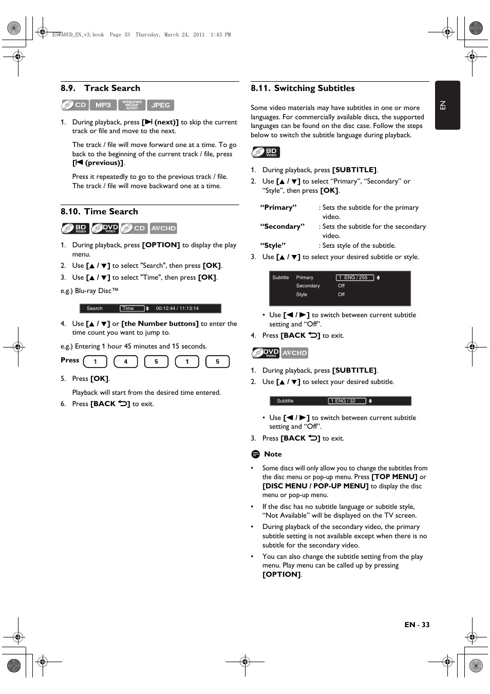 Track search, Time search, Switching subtitles | Philips BDP5506/F7 User Manual | Page 33 / 68