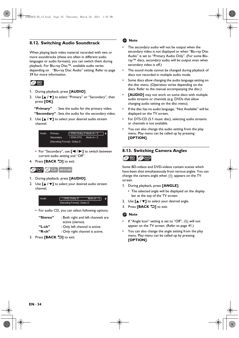 Switching audio soundtrack, Switching camera angles | Philips BDP5506/F7 User Manual | Page 34 / 68