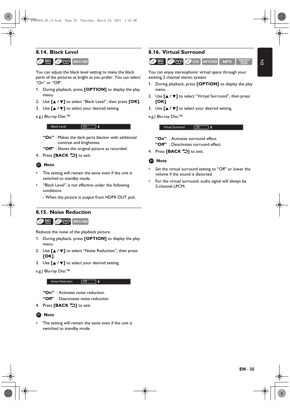 Black level, Noise reduction, Virtual surround | Philips BDP5506/F7 User Manual | Page 35 / 68