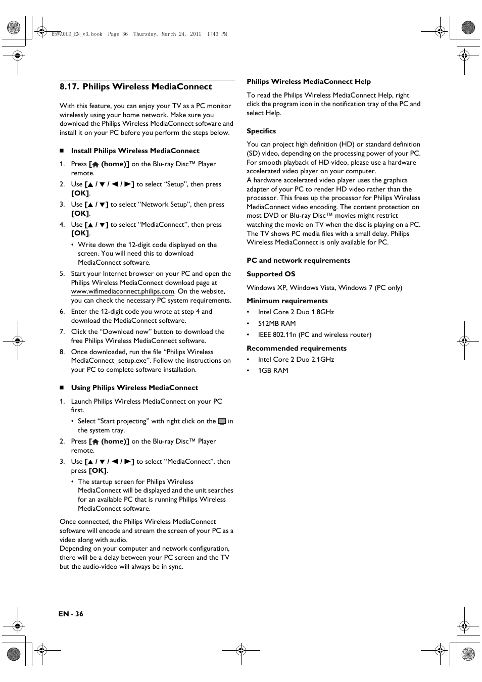 Philips wireless mediaconnect | Philips BDP5506/F7 User Manual | Page 36 / 68