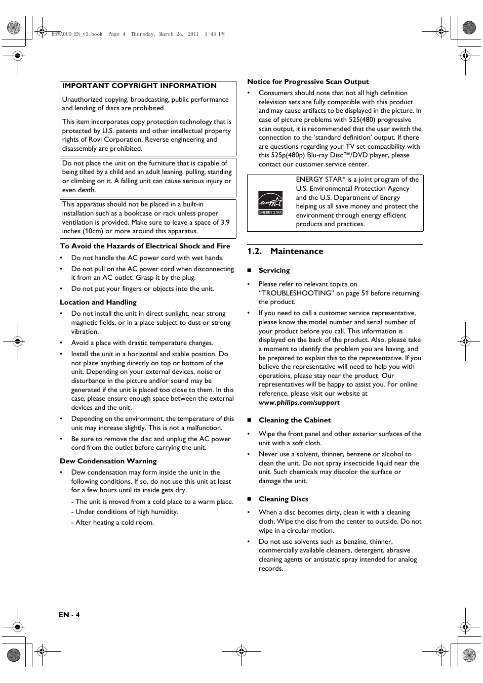 Maintenance | Philips BDP5506/F7 User Manual | Page 4 / 68