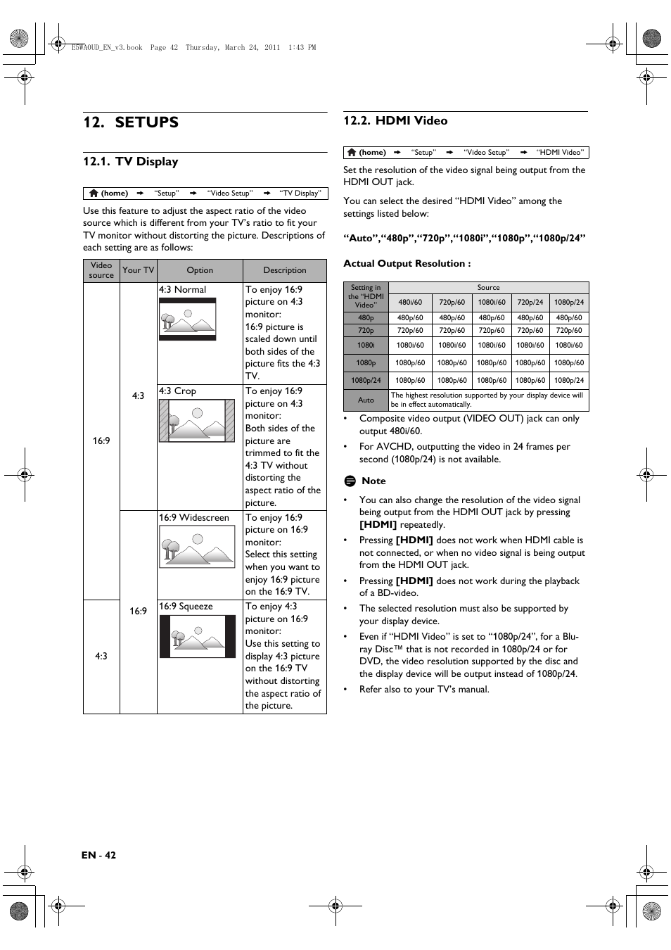 Setups, Tv display, Hdmi video | Philips BDP5506/F7 User Manual | Page 42 / 68
