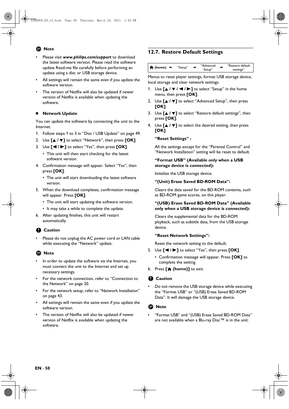 Restore default settings | Philips BDP5506/F7 User Manual | Page 50 / 68