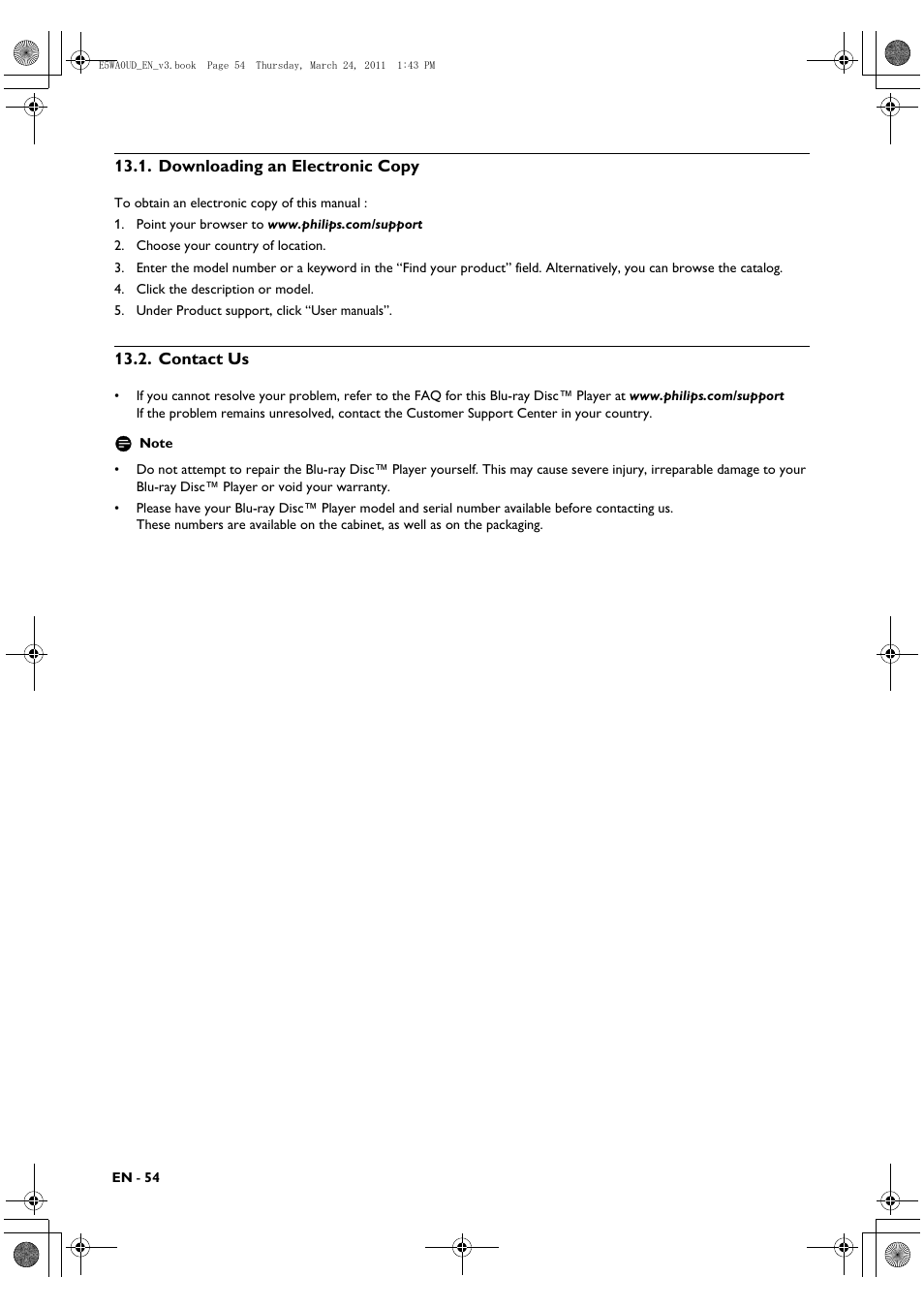 Downloading an electronic copy, Contact us | Philips BDP5506/F7 User Manual | Page 54 / 68