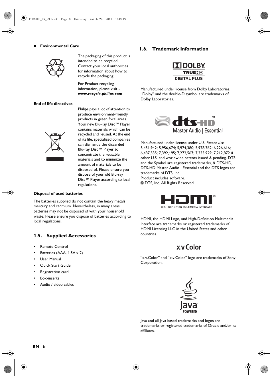 Supplied accessories, Trademark information | Philips BDP5506/F7 User Manual | Page 6 / 68