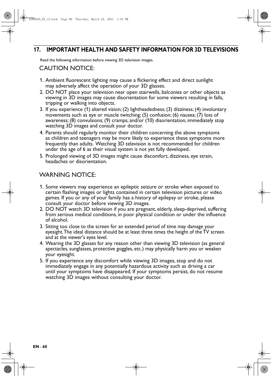 Important health and safety, Information for 3d televisions | Philips BDP5506/F7 User Manual | Page 60 / 68