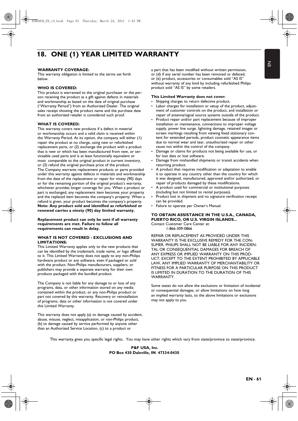 One (1) year limited warranty | Philips BDP5506/F7 User Manual | Page 61 / 68