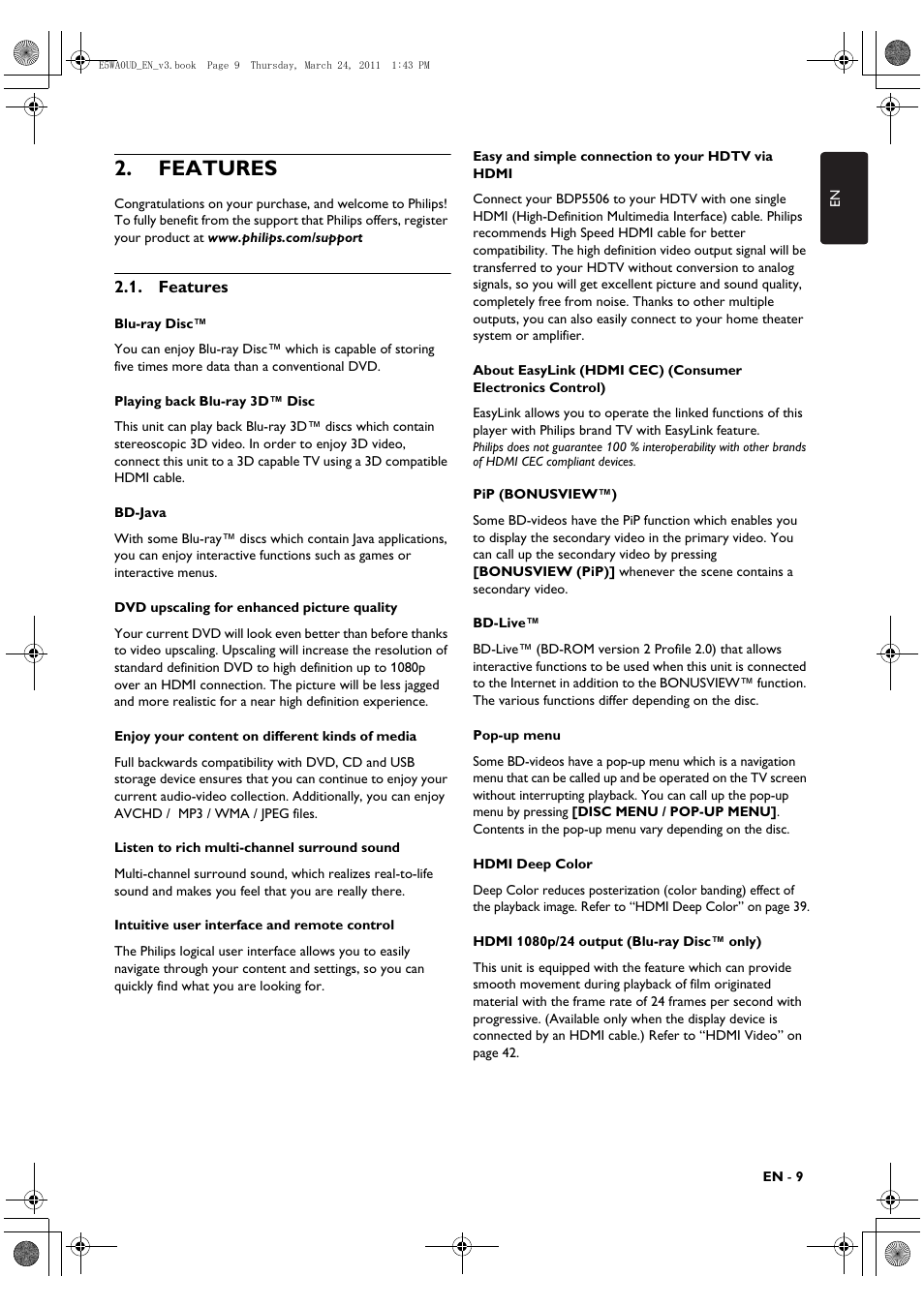 Features | Philips BDP5506/F7 User Manual | Page 9 / 68