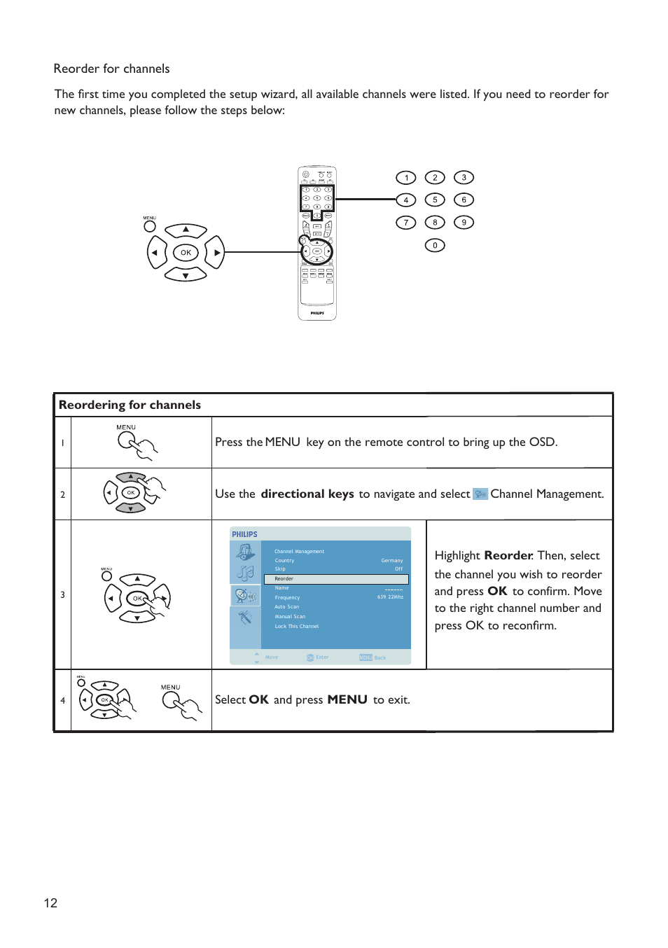 Reorder for channels, Select ok and press menu to exit | Philips 190TW8 User Manual | Page 12 / 19