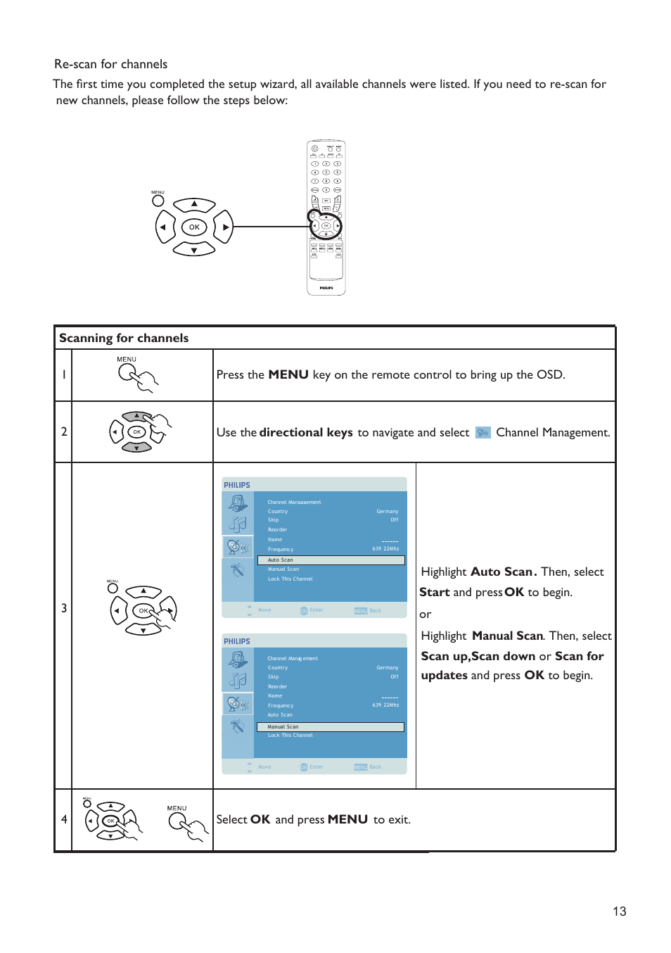 Re-scan for channels | Philips 190TW8 User Manual | Page 13 / 19