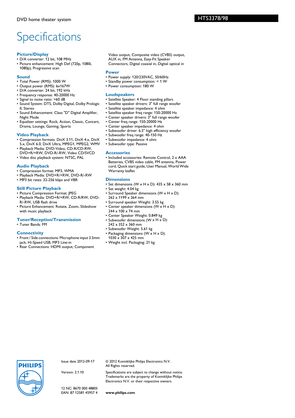 Specifications | Philips HTS3378/98 User Manual | Page 3 / 3