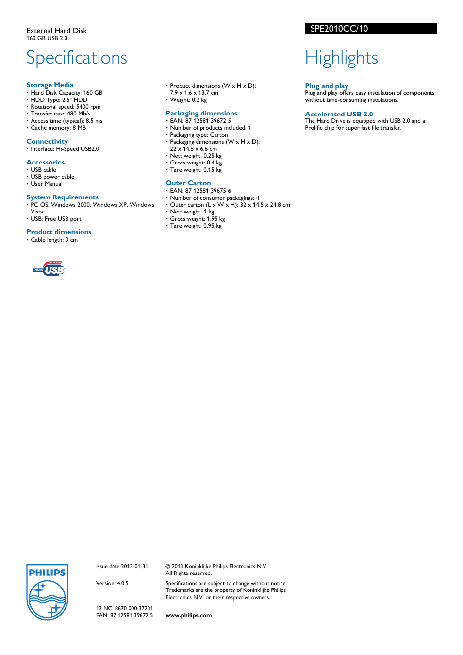 Specifications, Highlights | Philips SPE2010CC User Manual | Page 2 / 2