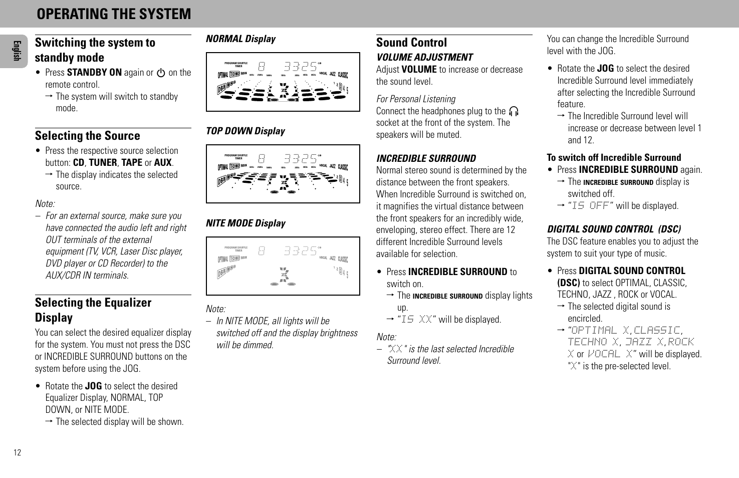 Operating the system, Switching the system to standby mode, Selecting the source | Selecting the equalizer display, Sound control, English, Normal display, Top down display, Nite mode display | Philips FW930SR User Manual | Page 12 / 34