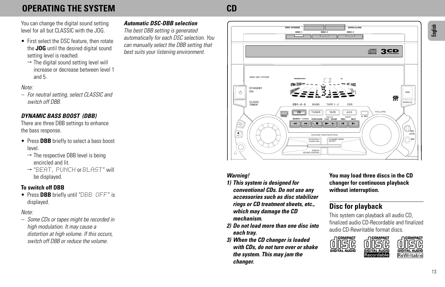 Operating the system cd, Disc for playback | Philips FW930SR User Manual | Page 13 / 34