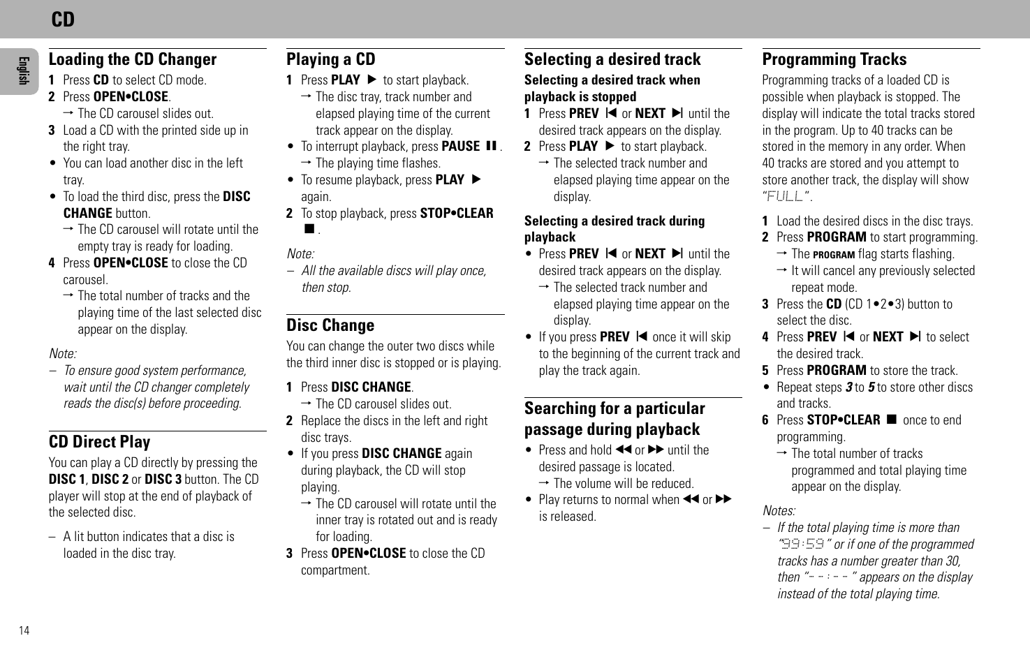 Loading the cd changer, Cd direct play, Playing a cd | Disc change, Selecting a desired track, Searching for a particular passage during playback, Programming tracks | Philips FW930SR User Manual | Page 14 / 34