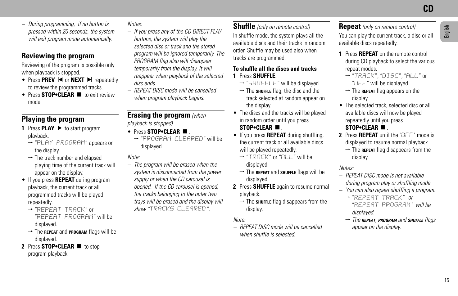 Reviewing the program, Playing the program, Erasing the program | Shuffle, Repeat | Philips FW930SR User Manual | Page 15 / 34