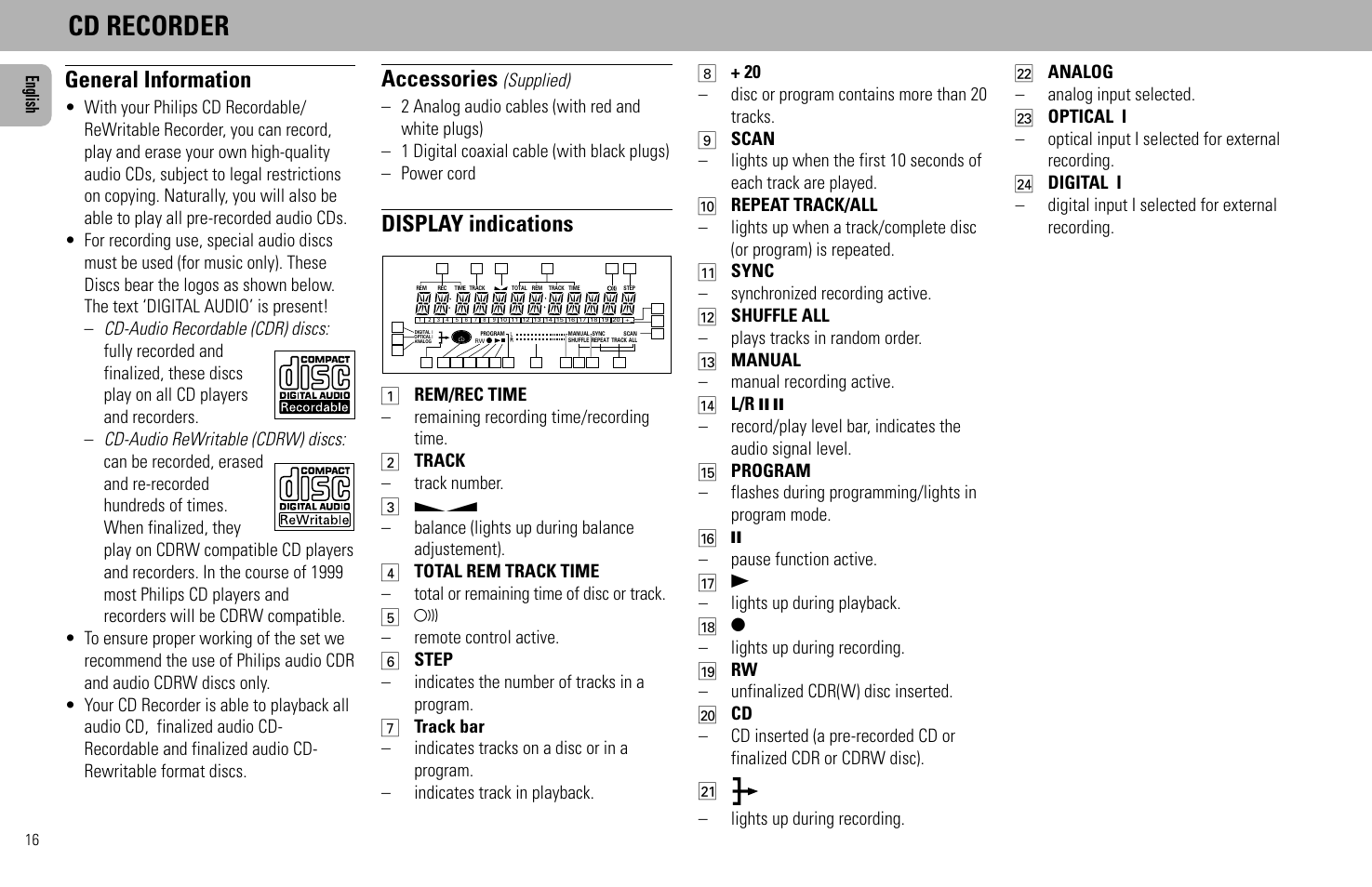 Cd recorder, General information, Accessories | Display indications | Philips FW930SR User Manual | Page 16 / 34