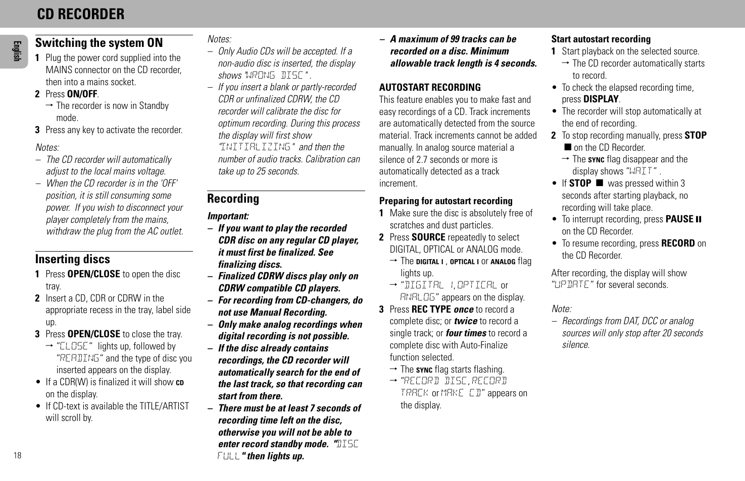 Cd recorder, Switching the system on, Inserting discs | Recording | Philips FW930SR User Manual | Page 18 / 34