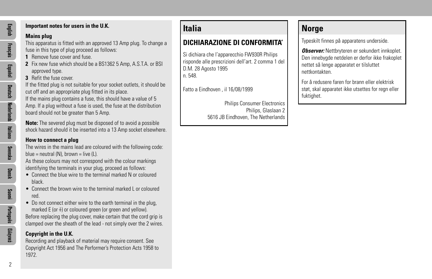 Norge, Italia, Dichiarazione di conformita | Philips FW930SR User Manual | Page 2 / 34