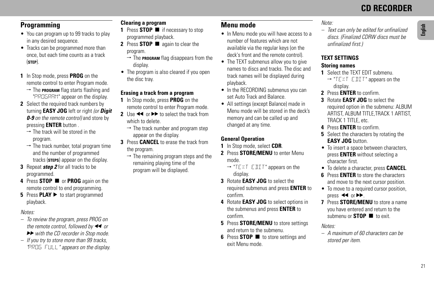 Cd recorder, Programming, Menu mode | Philips FW930SR User Manual | Page 21 / 34