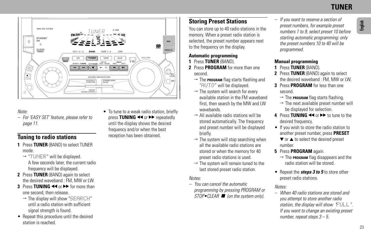 Tuner, Tuning to radio stations, Storing preset stations | Philips FW930SR User Manual | Page 23 / 34