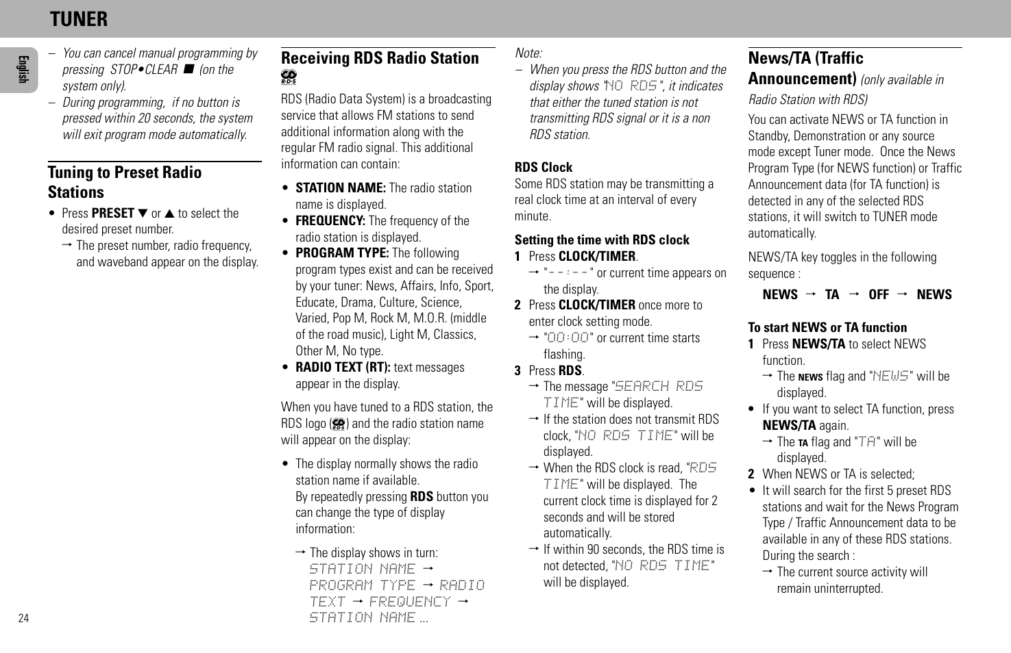 Tuner, Receiving rds radio station ç, News/ta (traffic announcement) | Tuning to preset radio stations | Philips FW930SR User Manual | Page 24 / 34