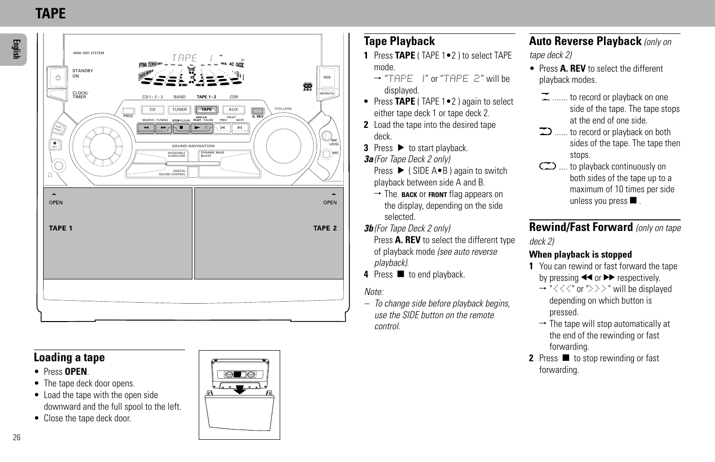 Tape, Loading a tape, Tape playback | Auto reverse playback, Rewind/fast forward, English | Philips FW930SR User Manual | Page 26 / 34