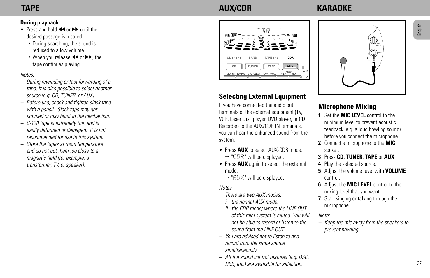 Tape aux/cdr karaoke, Selecting external equipment, Microphone mixing | English | Philips FW930SR User Manual | Page 27 / 34