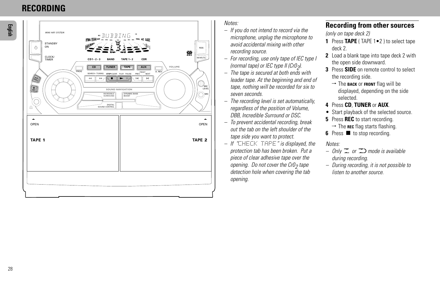 Recording, Recording from other sources, English | Philips FW930SR User Manual | Page 28 / 34