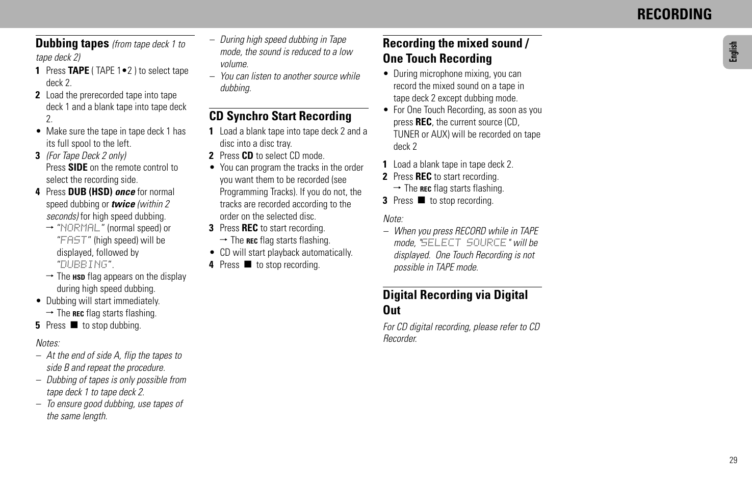 Recording, Dubbing tapes, Cd synchro start recording | Recording the mixed sound / one touch recording, Digital recording via digital out | Philips FW930SR User Manual | Page 29 / 34