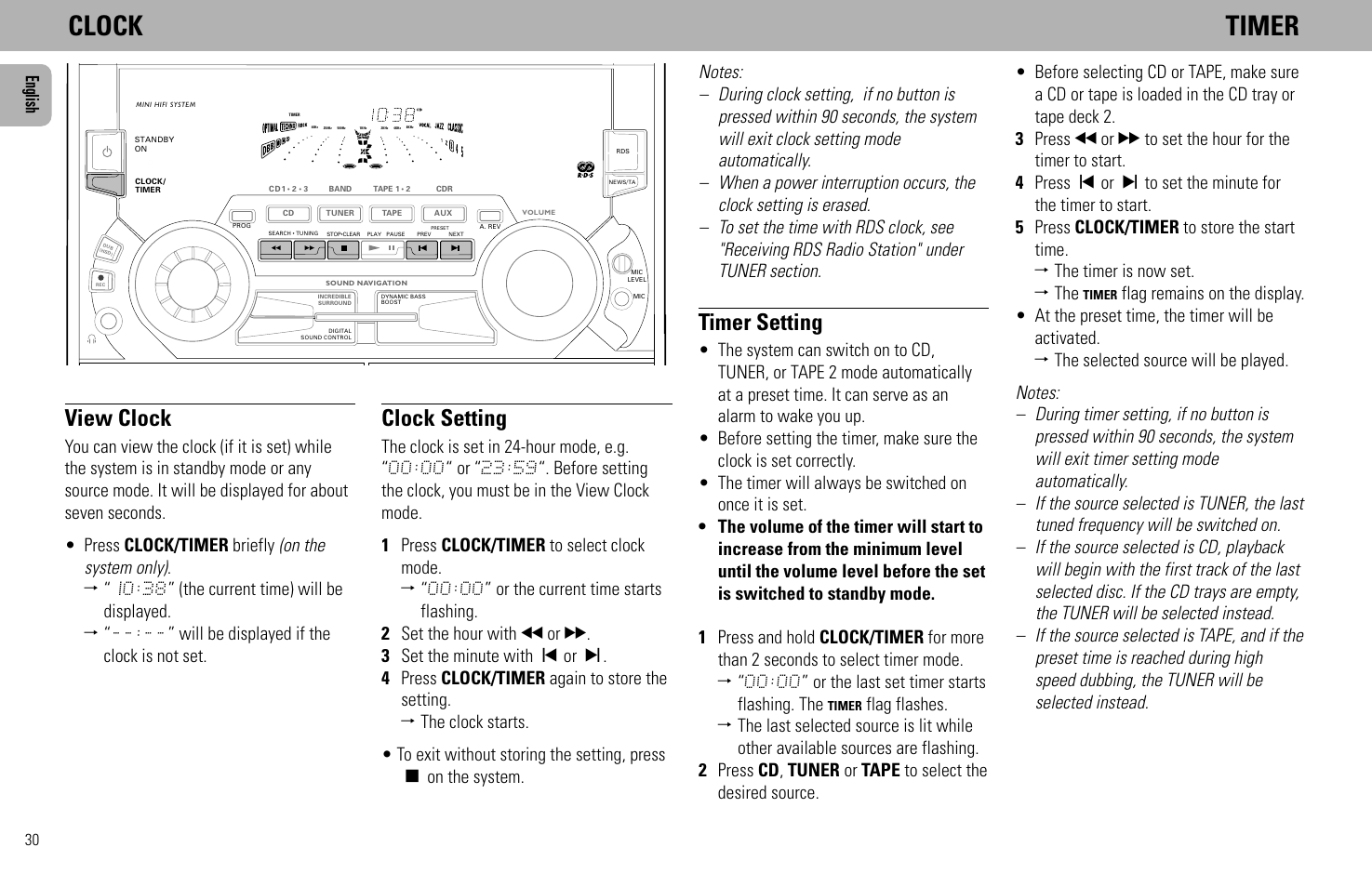 Clock timer, View clock, Clock setting | Timer setting, English | Philips FW930SR User Manual | Page 30 / 34