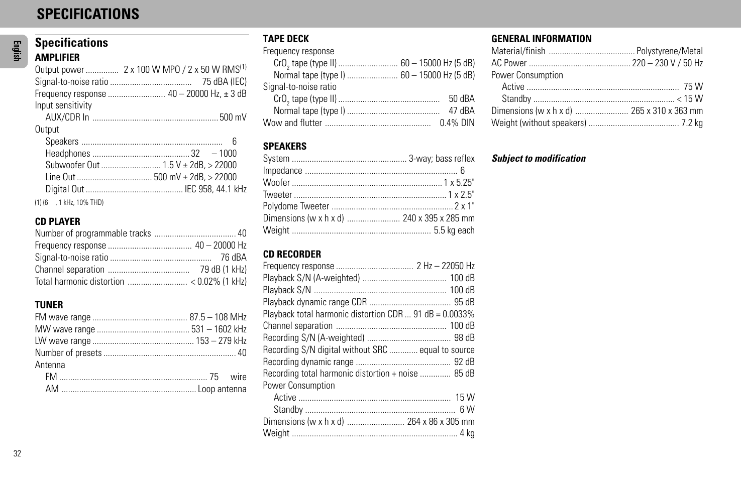 Specifications | Philips FW930SR User Manual | Page 32 / 34