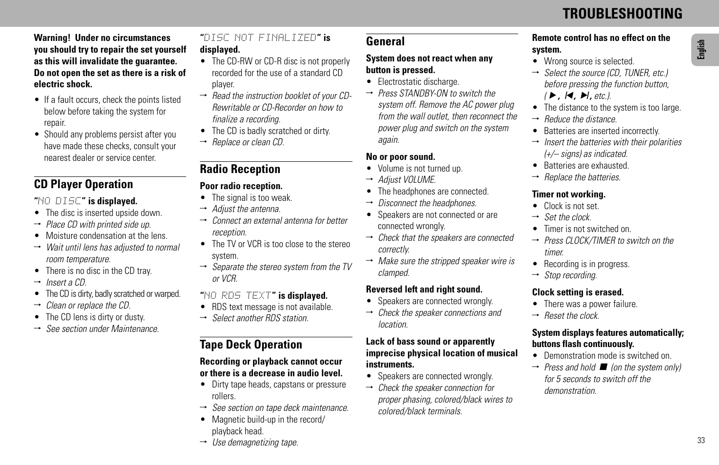 Troubleshooting, Cd player operation, Radio reception | Tape deck operation, General | Philips FW930SR User Manual | Page 33 / 34