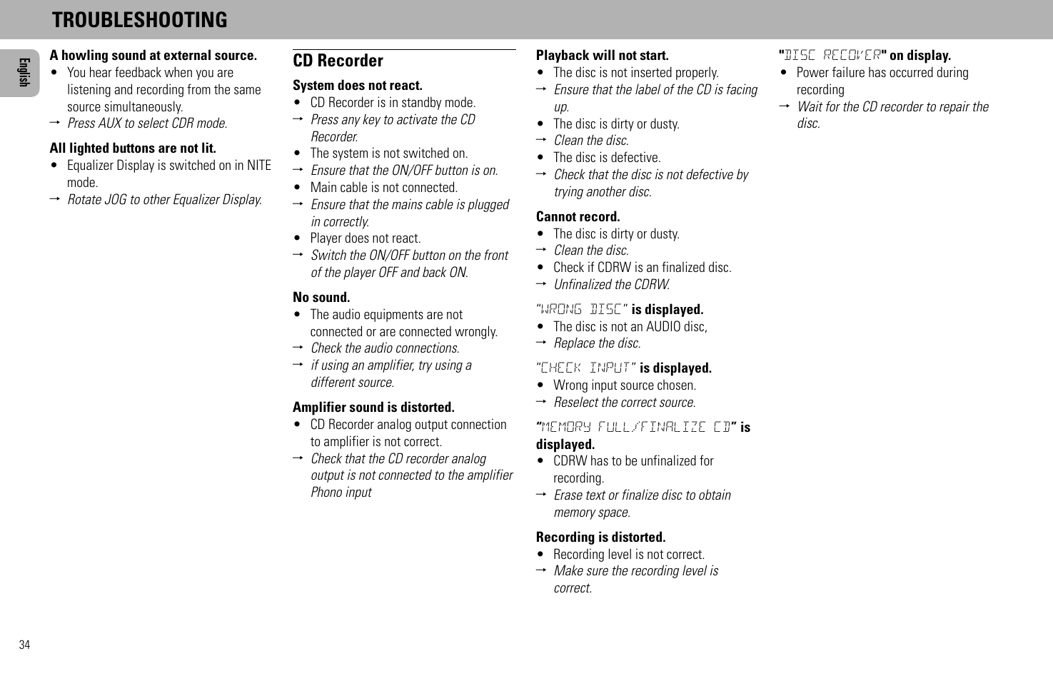 Troubleshooting, Cd recorder | Philips FW930SR User Manual | Page 34 / 34